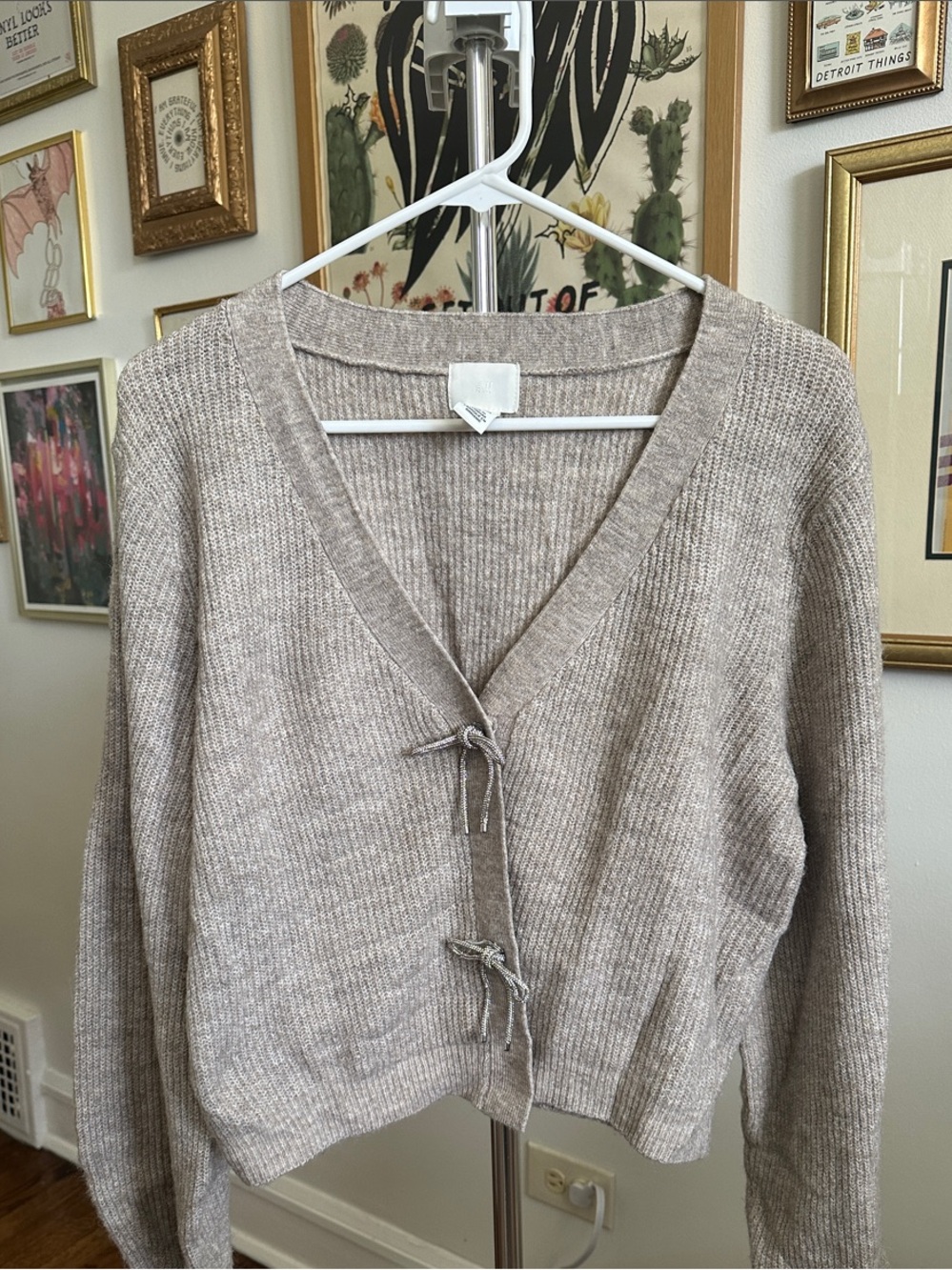 H&M Neutral Beige Tie-Front V-Neck Cardigan